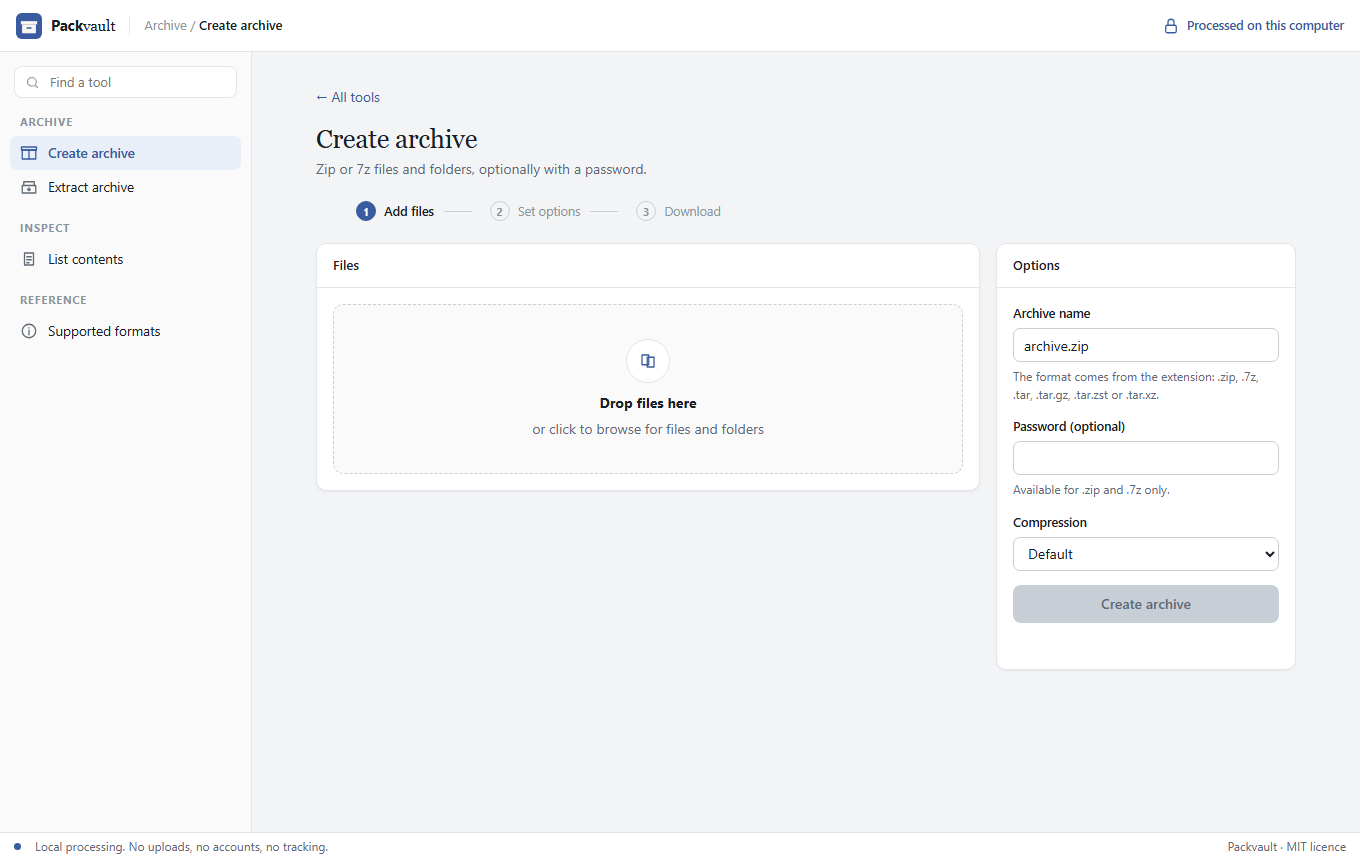 Packvault create archive screen with a drop zone, archive name, password and compression options