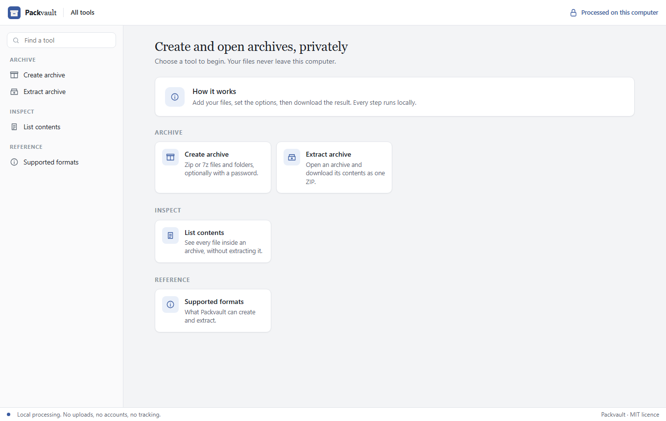 Packvault home screen listing archive tools