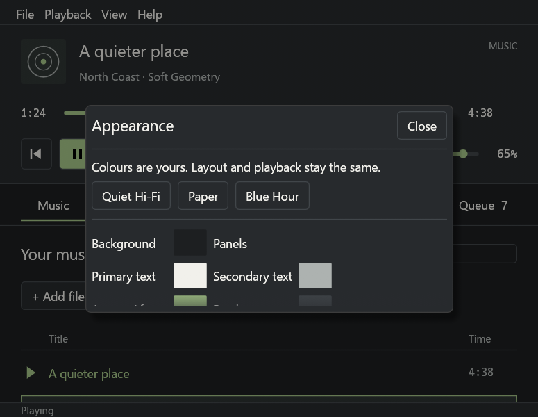 Appearance settings with customizable semantic colour palette and presets