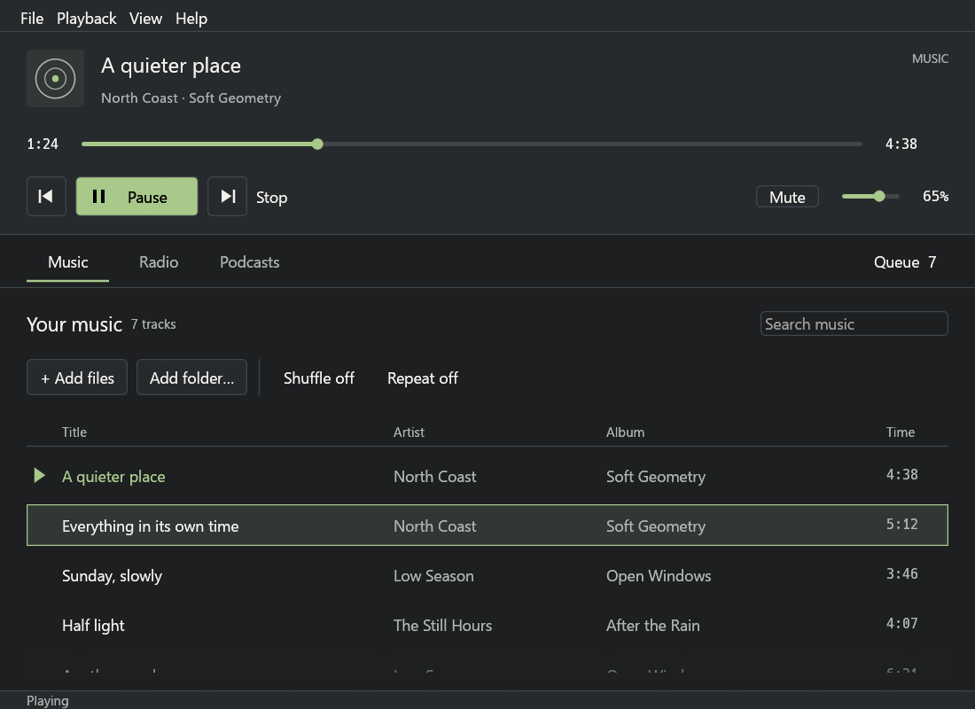 Music library with album and artist columns, queue, seekable progress and volume