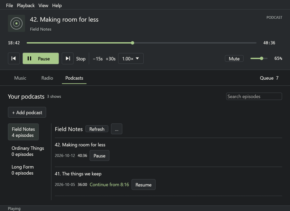 Podcast show and episode list with resume positions, skip controls and playback speed
