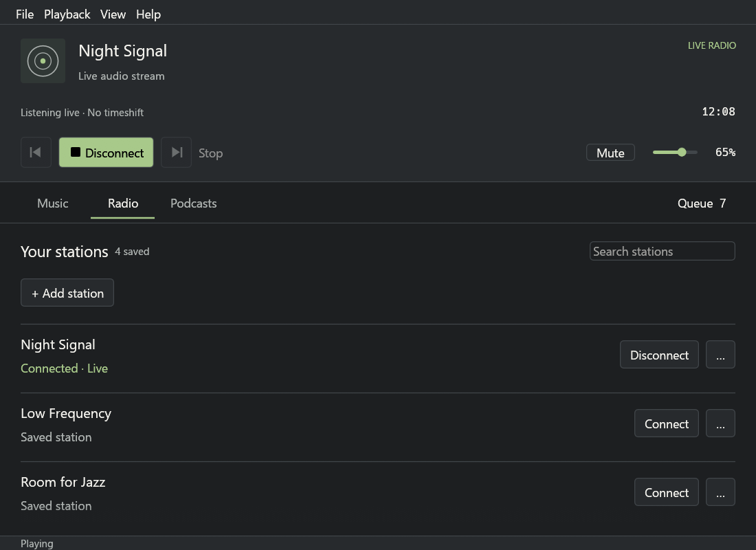 Saved radio stations with live connection status and connect controls